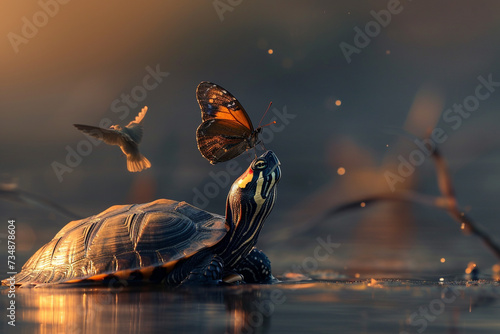 Illustration of a butterfly standing on the nose of a turtle, in the style of the decisive moment, very unusual illustration, soft pleasant light. Wild nature, unusual background.