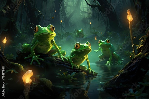 AI generated illustration of frogs perched on a large branch of a tree © Wirestock