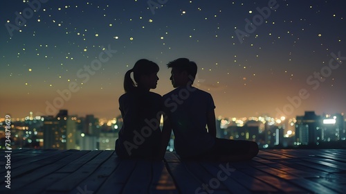 Silhouette of young Asian couple sit on wooden ground above the city under stars. : Generative AI