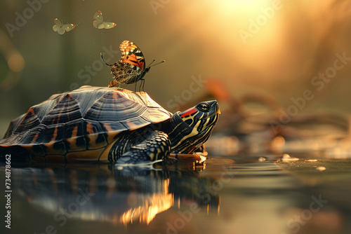 Illustration of a butterfly standing on the nose of a turtle, in the style of the decisive moment, very unusual illustration, soft pleasant light. Wild nature, unusual background.