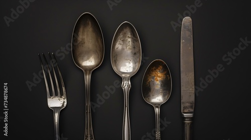 Rustic vintage set of cutlery knife, spoon, fork. Black background. Top view : Generative AI