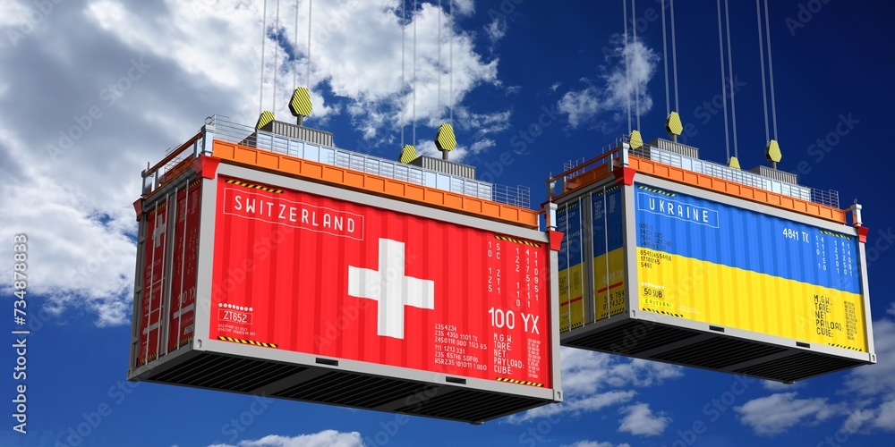 Shipping containers with flags of Switzerland and Ukraine - 3D illustration