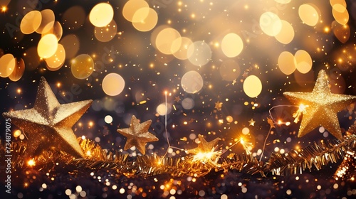 Golden Christmas and New Year glittering stars swirl on black bokeh background. backdrop with sparkling golden stars, holiday garland, magic glowing dust, lights. Gold Abstract Glitter : Generative AI © Generative AI
