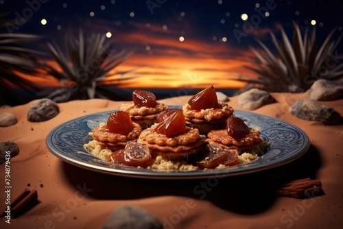 Dates in a plate in a desert dune. Starry sky with a half moon sky lit with generative ai
