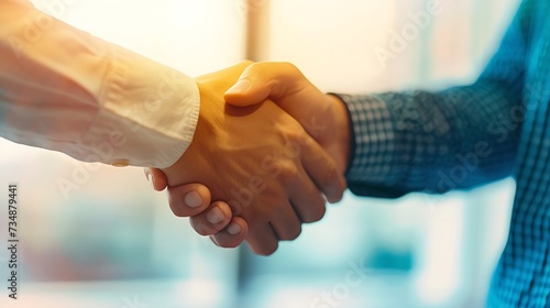 Business partnership handshake concept.Photo two coworkers handshaking process.Successful deal after great meeting.Horizontal, blurred background.Wide : Generative AI