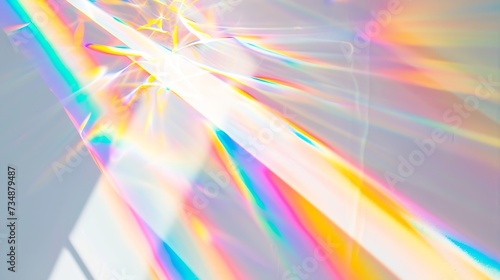 Blurred rainbow light refraction texture overlay effect for photo and mockups. Organic drop diagonal holographic flare on a white wall. Shadows for natural light effects : Generative AI photo