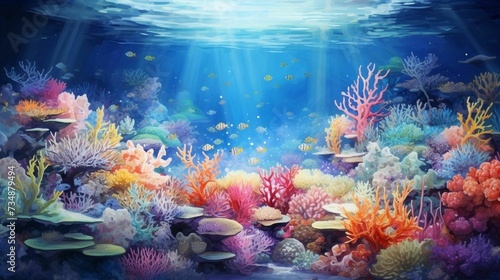 AI generated illustration of a mesmerizing underwater scene of colorful corals and fish