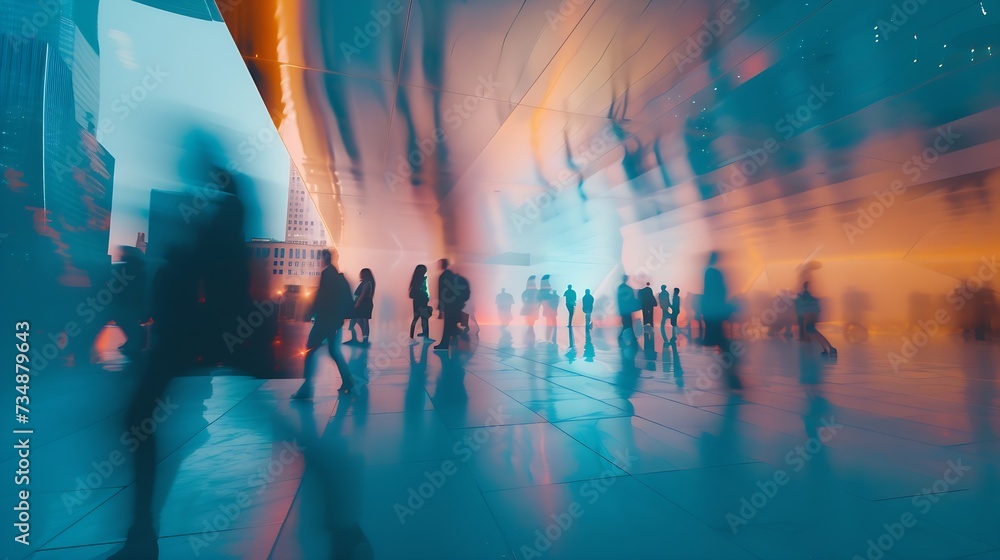 Obraz premium Abstract modern city background with people walking over buildings reflections. : Generative AI