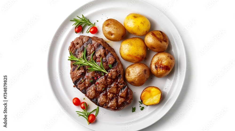 grilled beef steak and potatoes on plate isolated on white background, top view : Generative AI grilled beef steak and potatoes on plate isolated on white background, top view : Generative AI