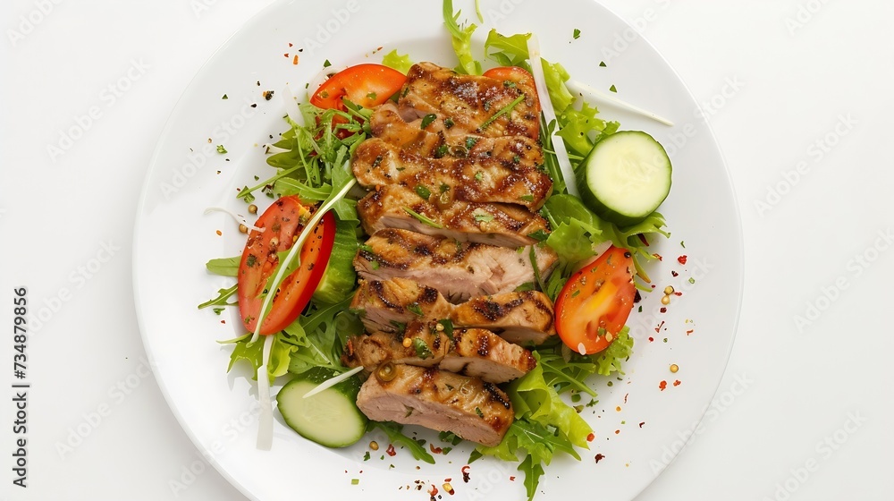 Pork meat grilled with fresh vegetable salad on a white plate. a top view of a horizontal : Generative AI Pork meat grilled with fresh vegetable salad on a white plate. a top view of a horizontal : Generative AI