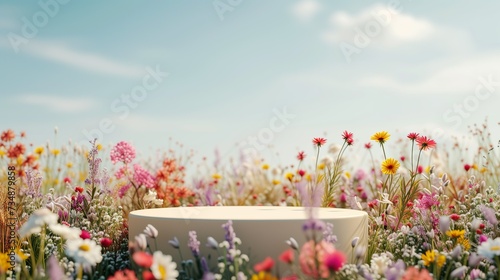 Empty product display podium with flowers field meadow on background. 3D stage showcase, beauty skincare cosmetics concept presentation.
