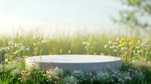 Background scene with empty wooden podium platform and blurred spring flowers field. Beauty product display. Organic Natural concept. Mock up, Spa.