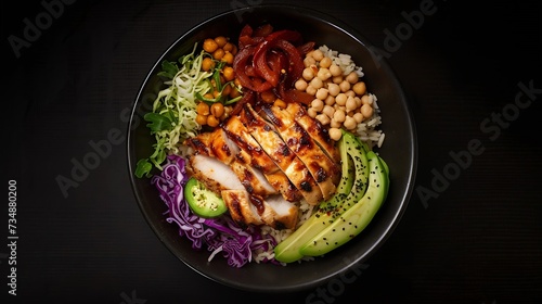 Grilled chicken, rice, spicy chickpeas, avocado, cabbage, pepper buddha bowl on dark background, top view. Delicious balanced food concept : Generative AI