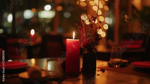 romantic dinner setup, red decoration with candle light in a restaurant. Selective focus. : Generative AI photo