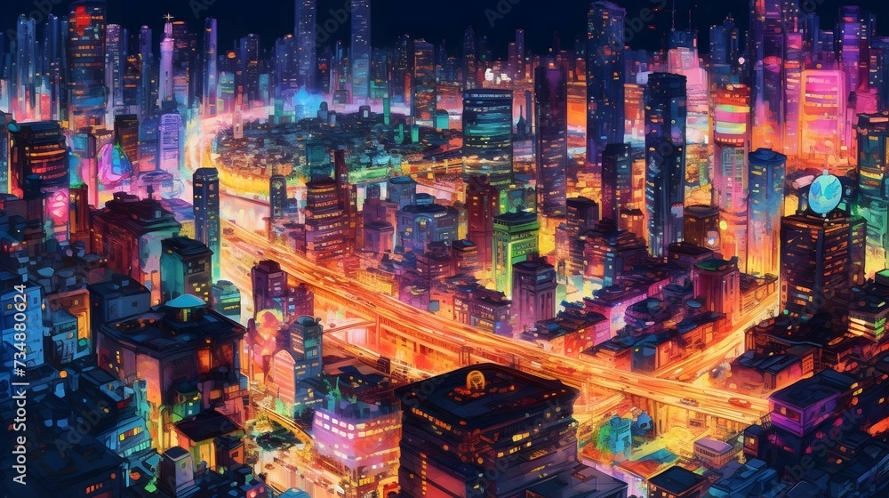 AI generated illustration of A vibrant cityscape at night with illuminated skyscrapers
