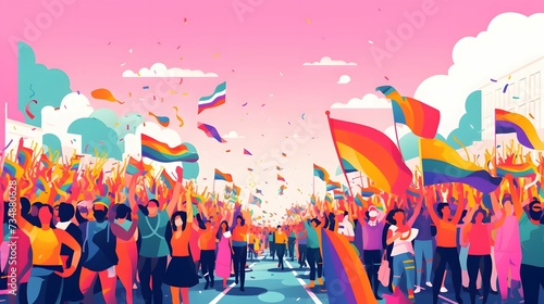 AI generated illustration of A group of people at Pride parade holding up multicolored rainbow flags