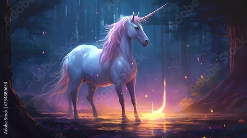 AI generated illustration of A magical unicorn standing majestically in a starlit forest at night