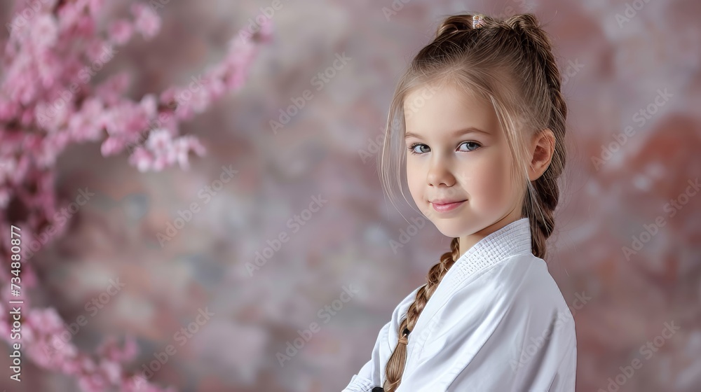 Joyful european girl at judo or karate training, looking away with space for text Joyful european girl at judo or karate training, looking away with space for text