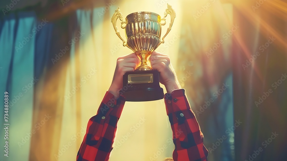 a man holding up a gold trophy cup as a winner in a competition toned with a retro vintage instagram filter effect app or action (backlit with the sun) : Generative AI - obrazy, fototapety, plakaty 