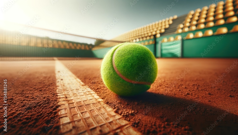 a tennis ball on a green clay court, highlighting various aspects of tennis as a sport, including the court, net, and a sense of competitive play It's a vibrant scene 