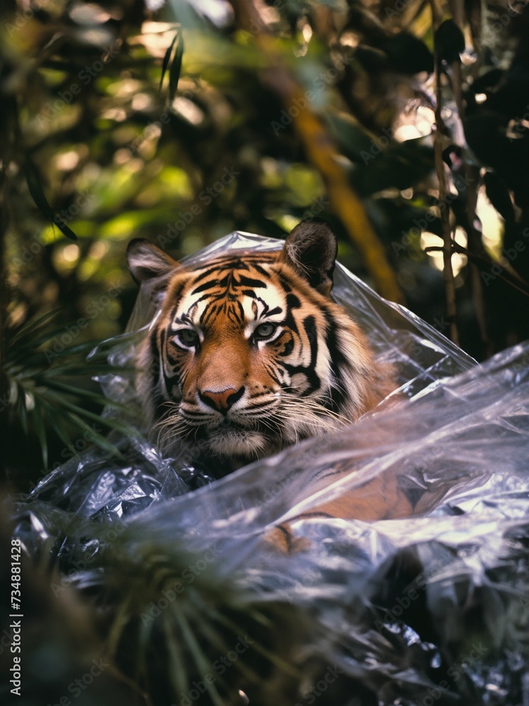 Close up of a tiger in a forest covered in plastic creates the concept of pollution. Ai Generated