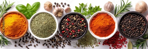 Assorted vibrant and aromatic spices and herbs neatly arranged in a row on a clean white background photo