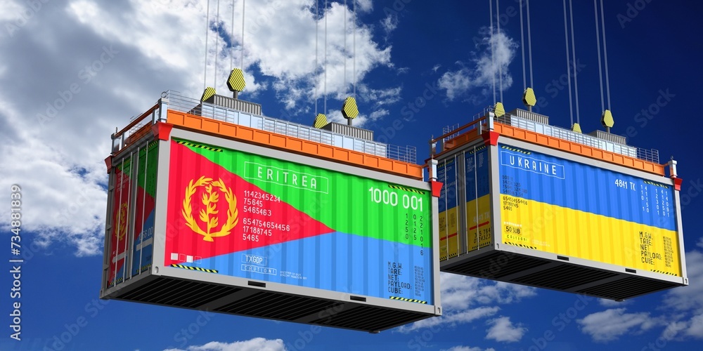 Shipping containers with flags of Eritrea and Ukraine - 3D illustration