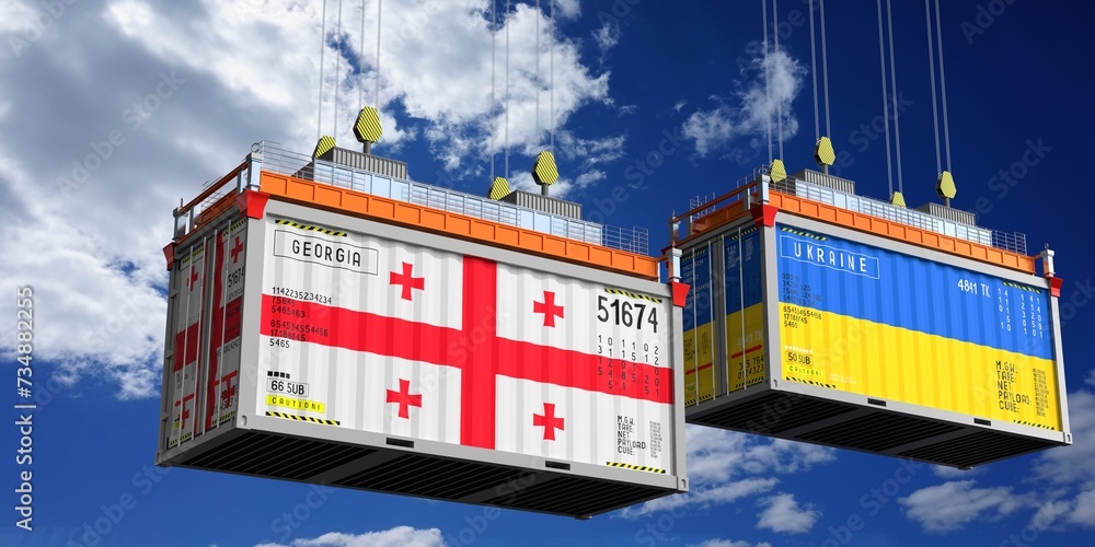 Shipping containers with flags of Georgia and Ukraine - 3D illustration