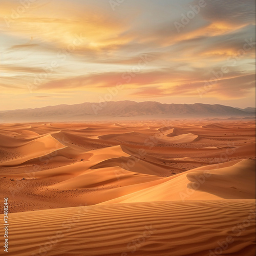 desert dunes at twilight  a mesmerizing landscape bathed in soft hues of orange and pink beneath the fading sun