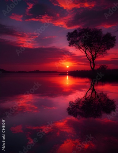 AI generated illustration of a tranquil landscape with a lake reflecting a vibrant pink sunset