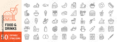 Food and Drink editable stroke outline icons set. Food, drink, chicken, cocktail, beverage, dessert, bakery, alcohol and cookies. Vector illustration