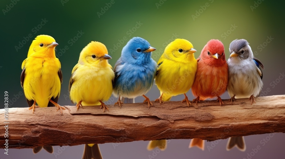  birds of different colors are close together