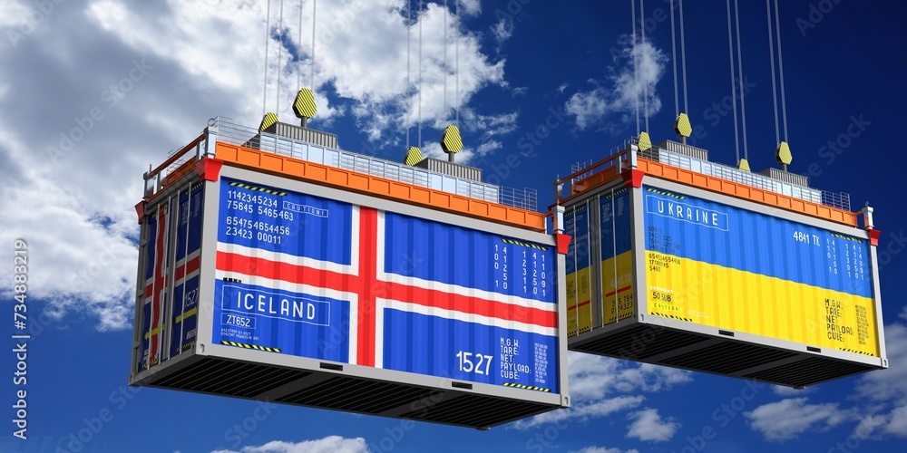 Shipping containers with flags of Iceland and Ukraine - 3D illustration