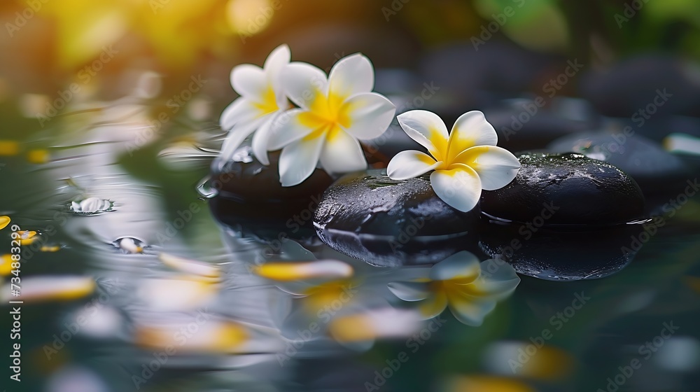 Zen spa concept background - Zen massage stones with frangipani plumeria flower in water reflection : Generative AI Zen spa concept background - Zen massage stones with frangipani plumeria flower in water reflection : Generative AI