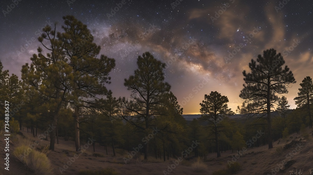 Fototapeta premium The Milky Way rises over the pine trees on a foreground : Generative AI