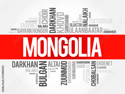 List of cities and towns in Mongolia, word cloud collage, business and travel concept background #734884293