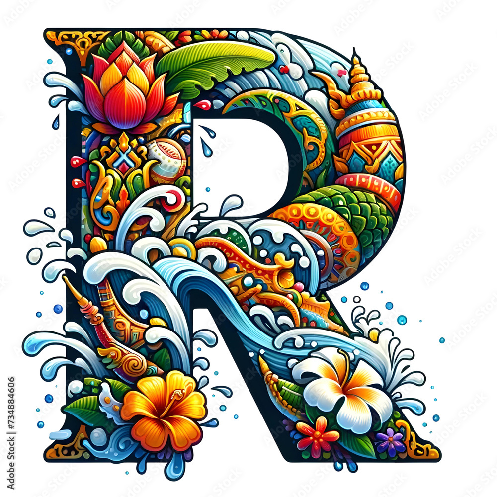 The Letter R comes in a Songkran clip art theme on a white background.