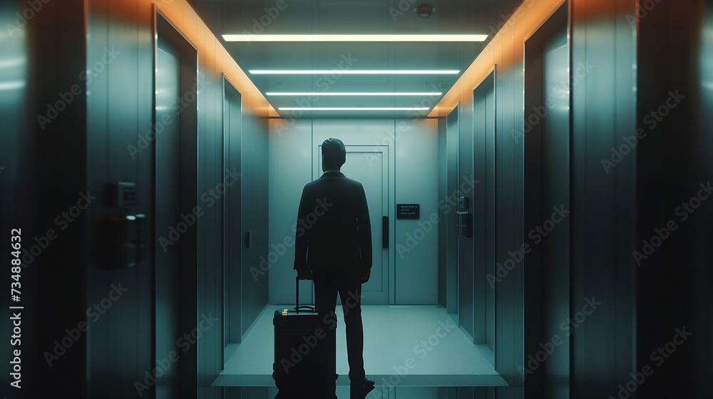Businessman with luggage waiting for elevator in corridor : Generative AI