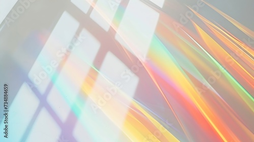 Blurred rainbow light refraction texture overlay effect for photo and mockups. Organic drop diagonal holographic flare on a white wall. Shadows for natural light effects : Generative AI photo