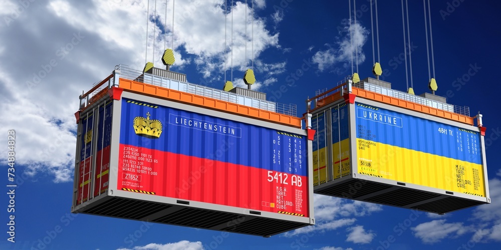 Shipping containers with flags of Liechtenstein and Ukraine - 3D illustration