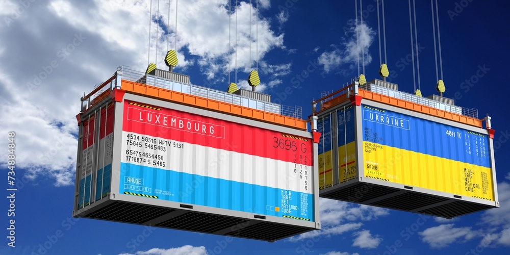 Shipping containers with flags of Luxembourg and Ukraine - 3D illustration