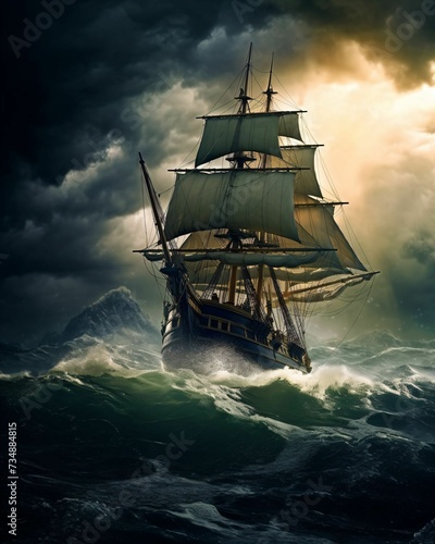 Large ship sailing through a stormy ocean with waves crashing against its sides. Ai-generated. © Wirestock