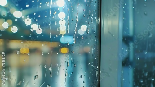 rain drop on clear glass window, reflection of blurred airport terminal and light bokeh from outside, beautiful color abstract for background : Generative AI