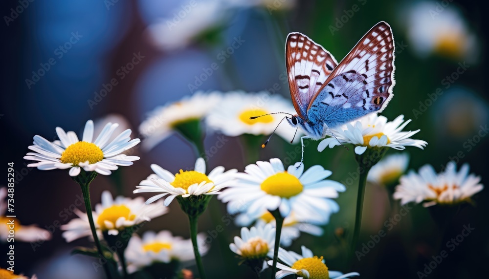 Butterfly Perched on a Cluster of White and Yellow Flowers