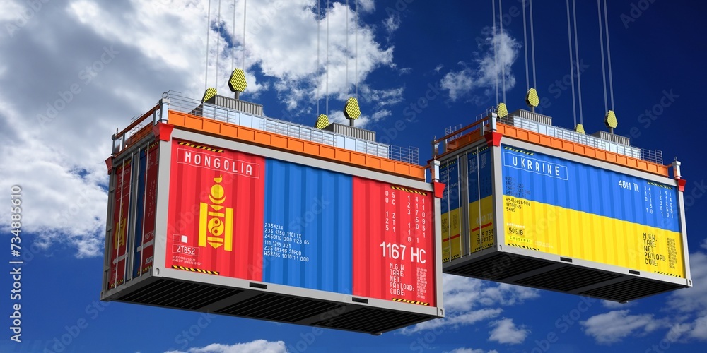 Shipping containers with flags of Mongolia and Ukraine - 3D illustration