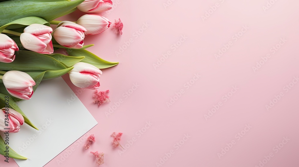 Fototapeta premium greeting card design with tulips and calendar top view, with copy space with generative ai