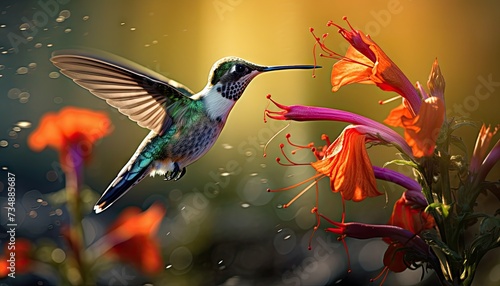 Hummingbird Hovering Over a Bunch of Flowers