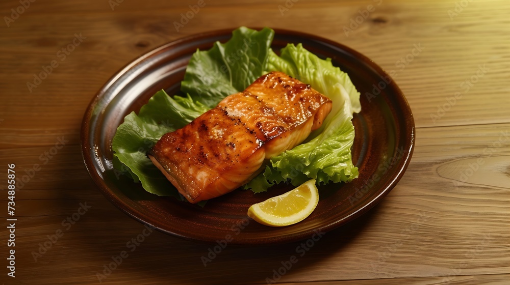 One piece of baked salmon grilled pepper lemon and salt on a brown plate with lettuce leaves. wood background : Generative AI One piece of baked salmon grilled pepper lemon and salt on a brown plate with lettuce leaves. wood background : Generative AI
