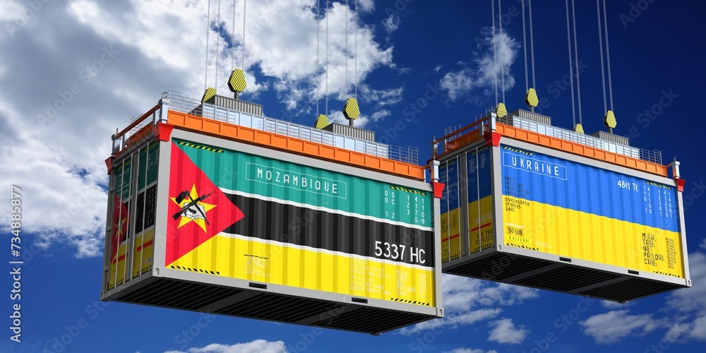 Shipping containers with flags of Mozambique and Ukraine - 3D illustration