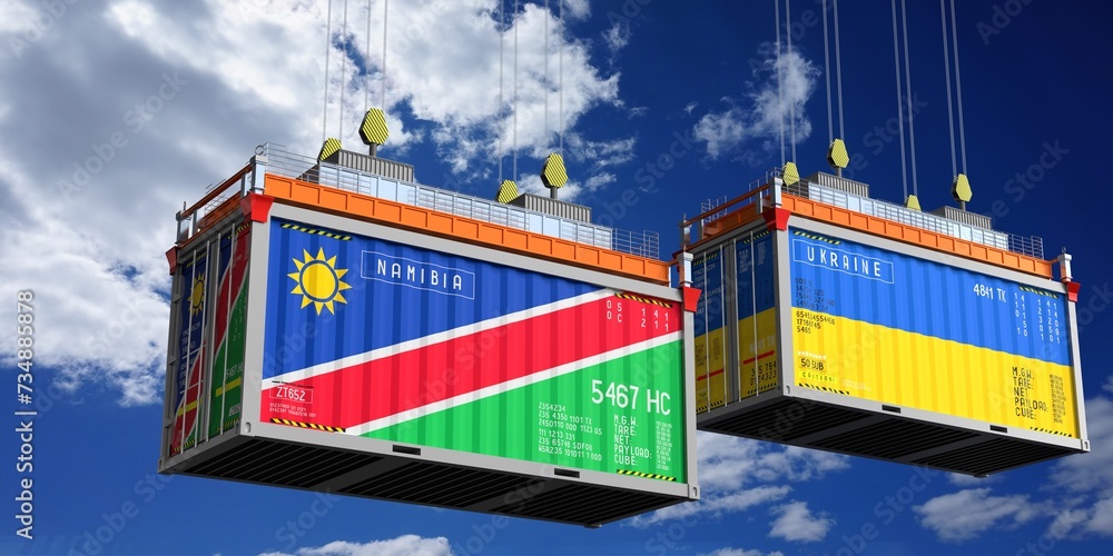 Shipping containers with flags of Namibia and Ukraine - 3D illustration